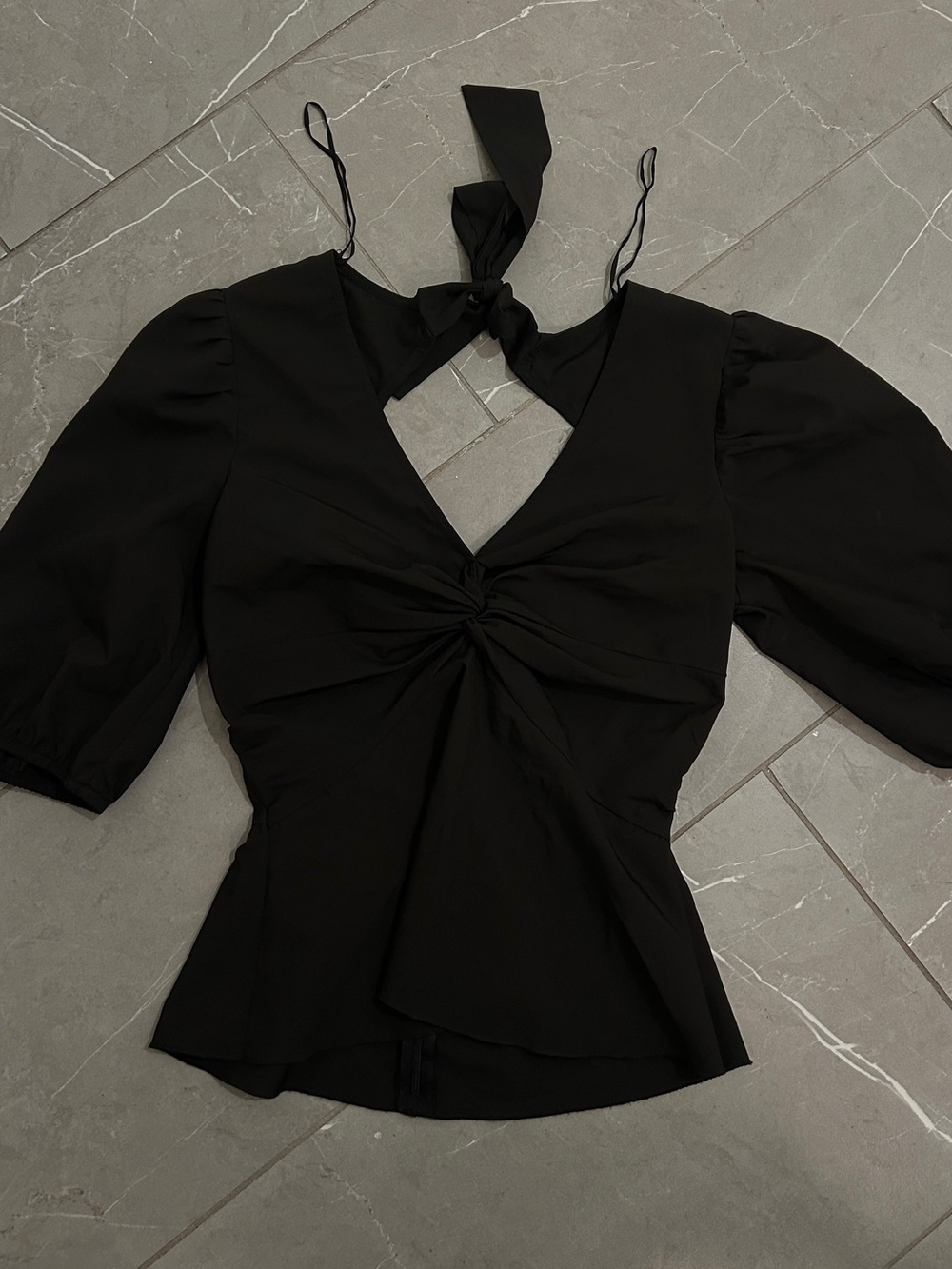 Nordstrom Black Tie-Back Twist Front Puff Sleeve Top